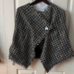 Vintage Tweed Shawl-Style Wrap Cape in Black and Cream with Button Detail